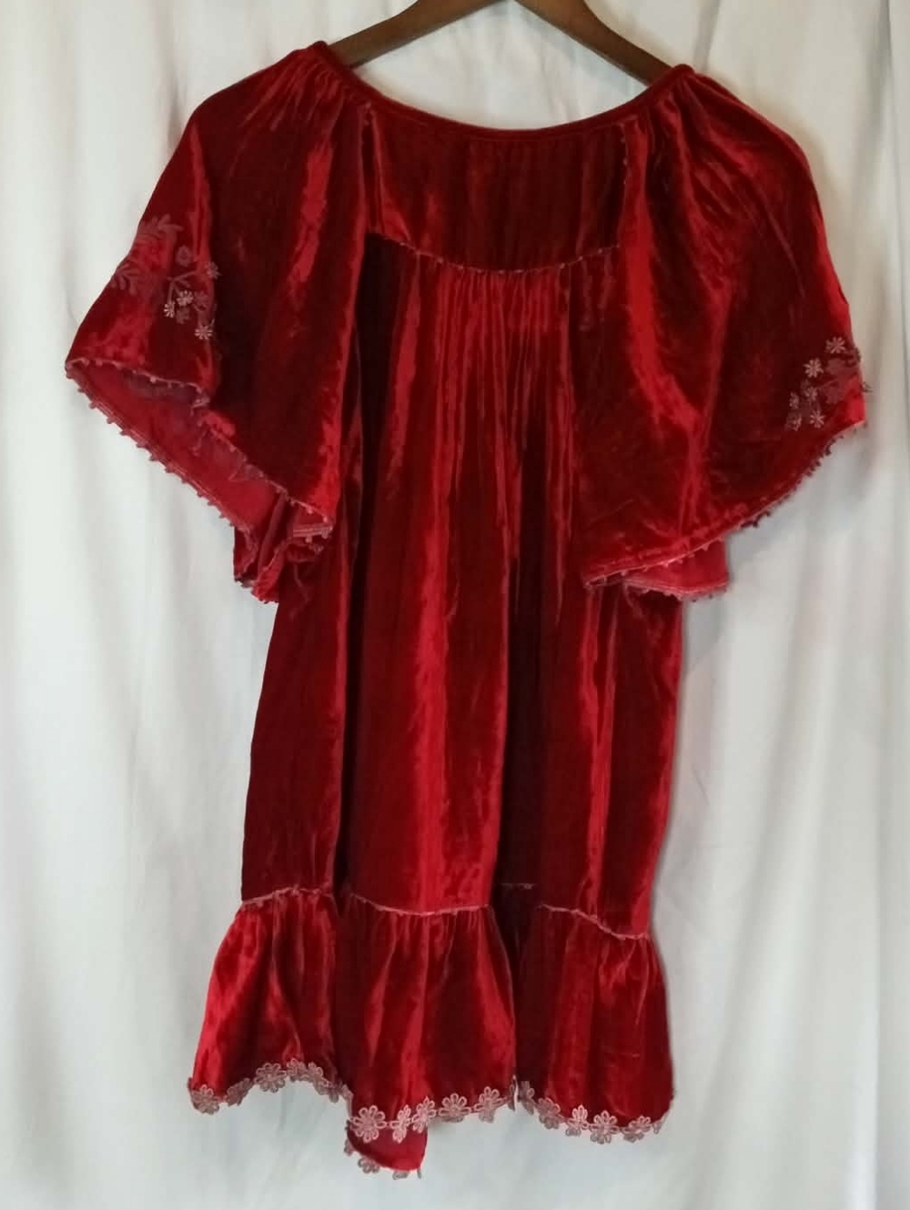 Goth Flowy Vampire Sundance Red Velvet Embroidered Top Victorian Boho Ruffle Hot - Picture 2 of 5